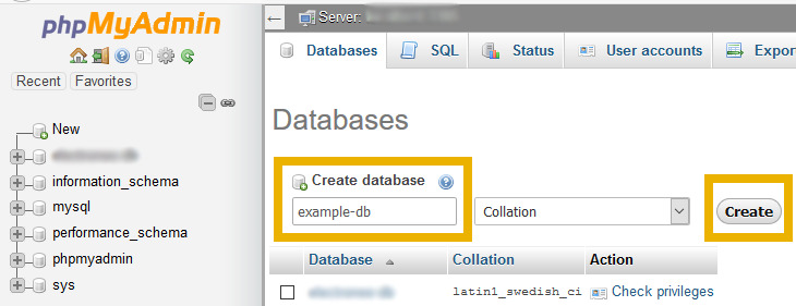 phpmyadmin create MySQL database