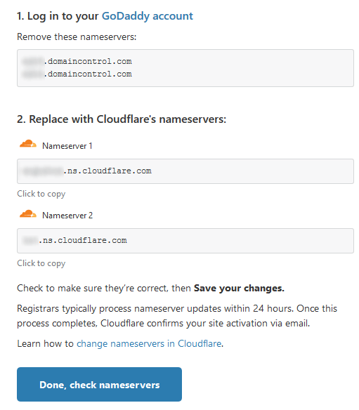 replace godaddy nameservers with cloudflare nameservers to install cloudflare ssl on godaddy