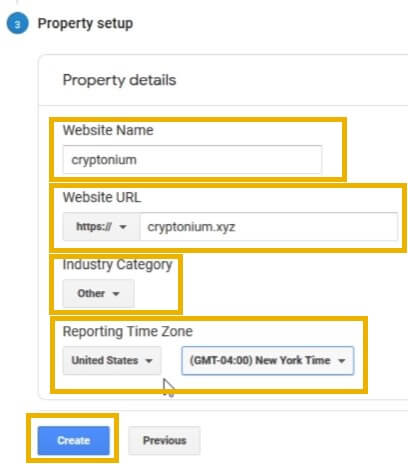 google analytics property setup and property details