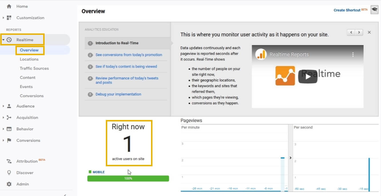 google analytics test realtime visitors