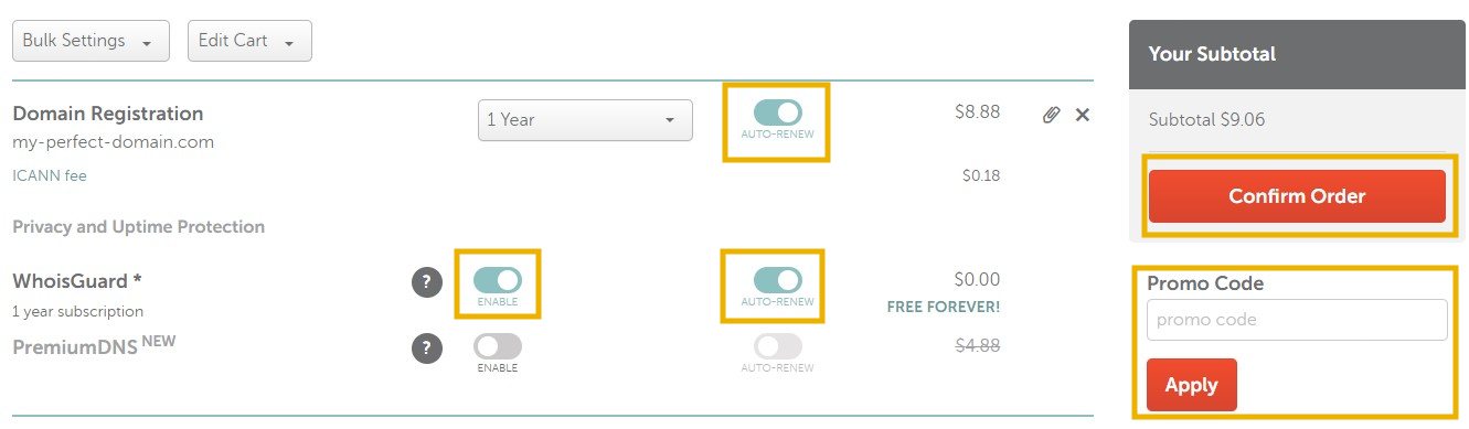 enable auto renewal of domains and turn on whoisguard